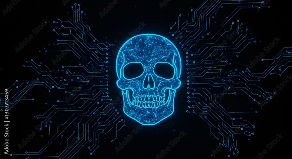 Poster cyber skull glowing with blue circuit patterns. digital malware skull for online data threats, compu