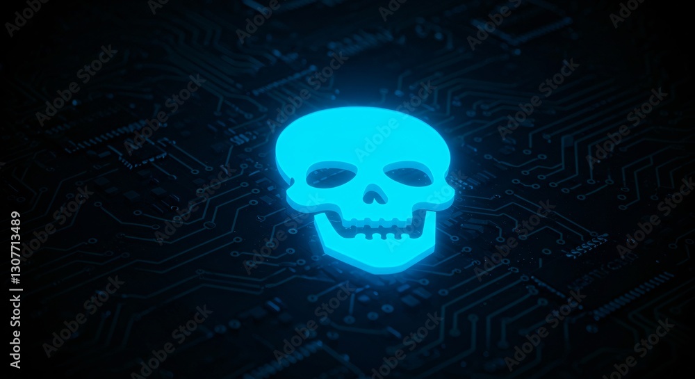 Poster cyber security threat from malware. futuristic circuit board with dangerous skull, glowing blue. tec
