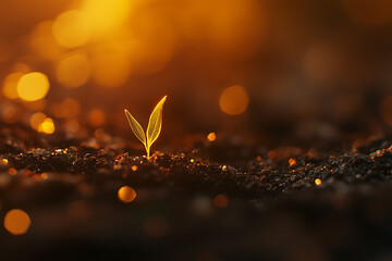 Close up of a single green seedling sprouting from soil, illuminated by golden hour sunlight with a soft bokeh background. Growth, nature, and new beginnings concept.

