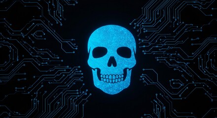 Skull in blue digital circuit design. Cyberpunk, hacking, computer virus and data breach concept. IT security for halloween graphic presentation & background.