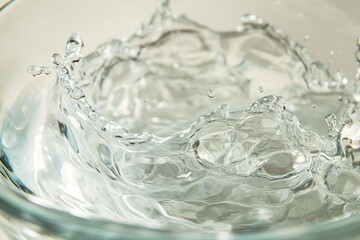 Close-up of water splashing in a glass bowl, creating a dynamic and translucent pattern.