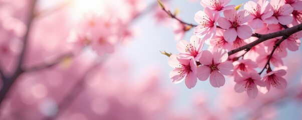 Obraz premium Soft pink petals of pink sakura trees gently sway in breeze, floral, serene