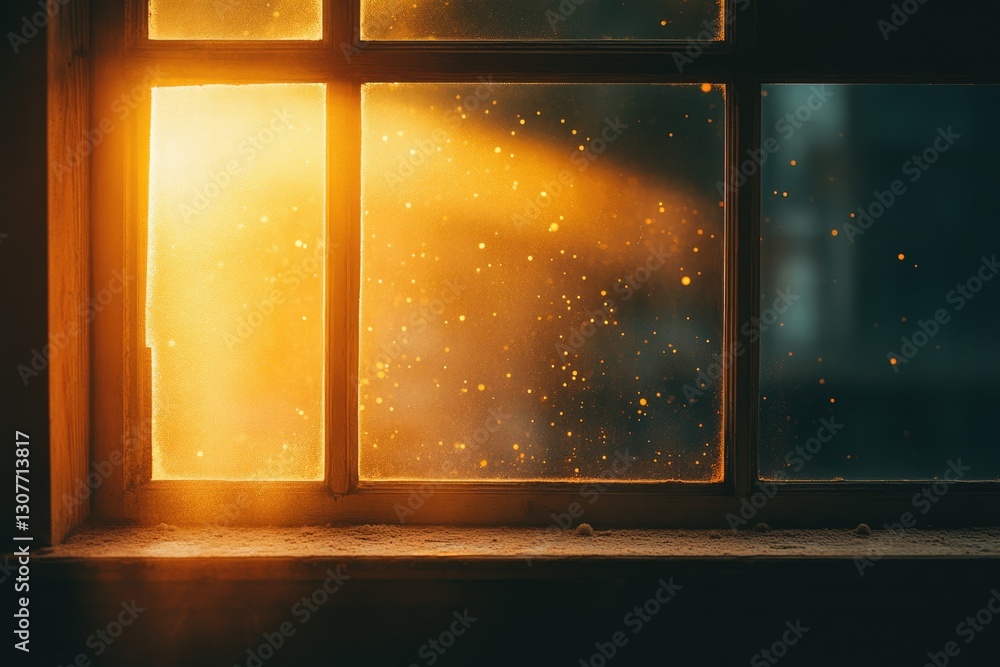 Poster golden sunlight streams through a dusty windowpane, illuminating floating particles, creating a warm