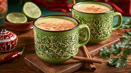 Warm spiced beverage in decorative mugs with cinnamon and lime.