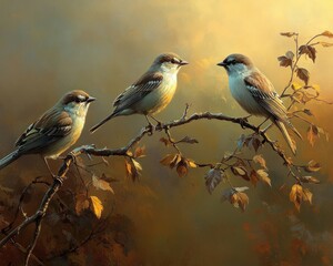 Obraz premium Three sparrows perched on a branch in autumn, bathed in warm sunlight.