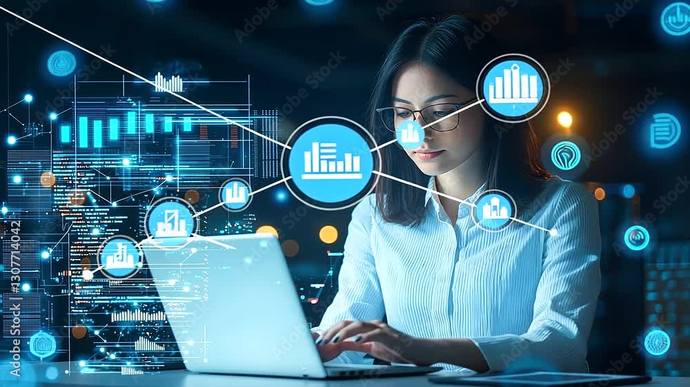 Poster a female data scientist interacts with a virtual interface, analyzing data in a sleek, modern office