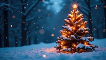 Snow-covered tree with twinkling holiday lights, winter, light, decorations