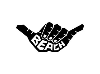 hand gesture Shaka with text "beach" in tribal design
