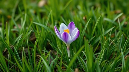 A single spring crocus flower peeking through lush grass, spring crocus, earthy, natural
