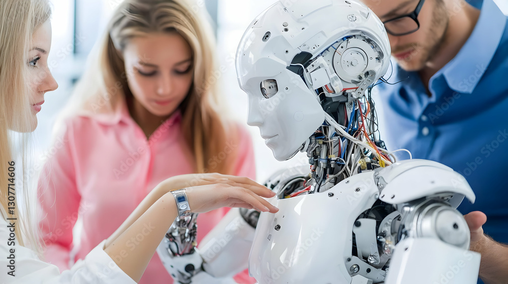 Poster human interaction with advanced humanoid robot in modern setting