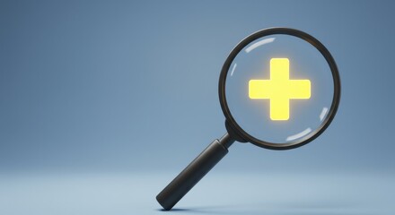 Fototapeta premium Focus on Health: A Positive Mindset for Healthcare Insurance - Magnifying glass, yellow plus sign, healthcare, optimism, well-being. Symbolizing positive health choices, insurance benefits
