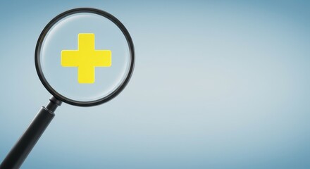 Fototapeta premium Focus on Healthcare: Insurance and Positive Mindset - A magnifying glass focuses on a yellow plus sign, symbolizing healthcare, insurance, well-being, optimism, and positive thinking