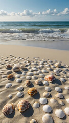 A serene coastal landscape with smooth white sand, scattered seashells, and gentle waves lapping the shore.

