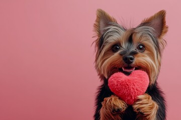 Cute yorkshire terrier canine with fluffy red heart - symbol of love, funny greeting card. Marketing idea art. Yorkshire terrier - my preferred dog. Love-filled moments with animals. Pet love.