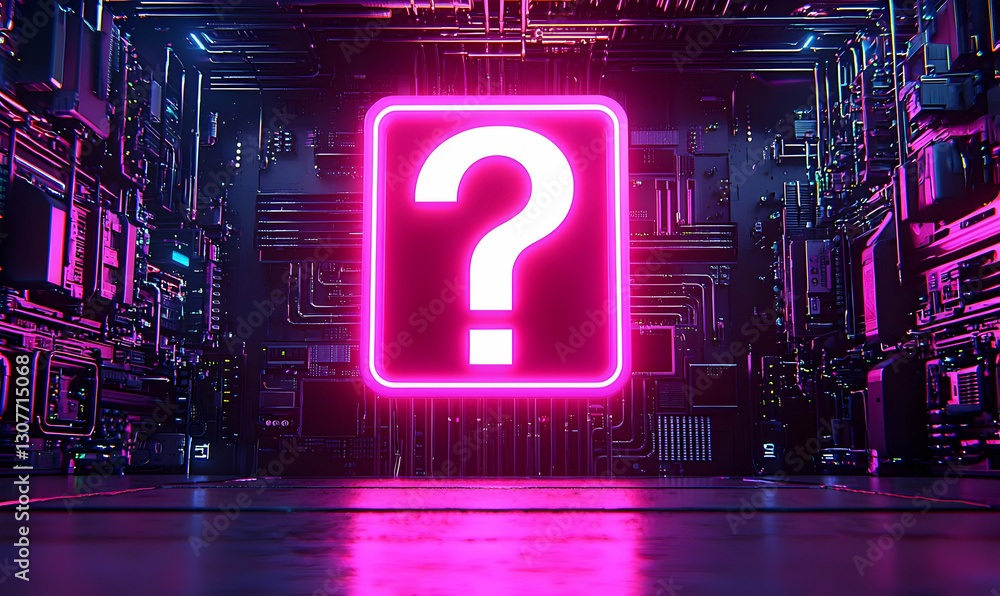 Poster neon question mark on digital circuit background with glowing effect