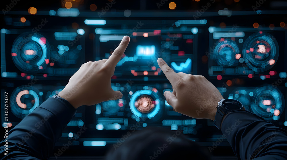 Poster hands interacting with high-tech data visualization interface