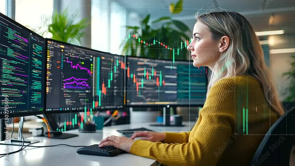 Poster a female data scientist utilizes cutting-edge technology to tackle complex challenges.