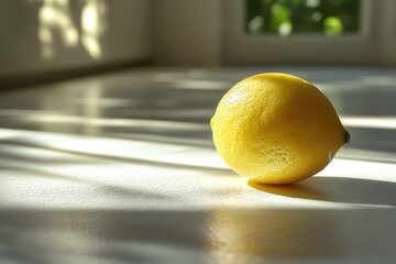 A single lemon sits on a white surface, bathed in sunlight.