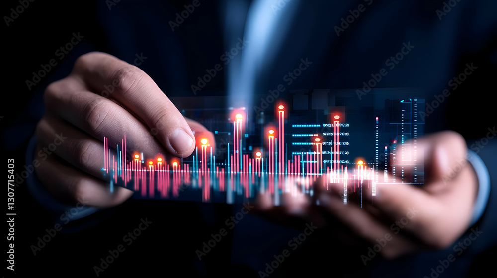 Poster hands holding data visualization with colorful graphs and charts