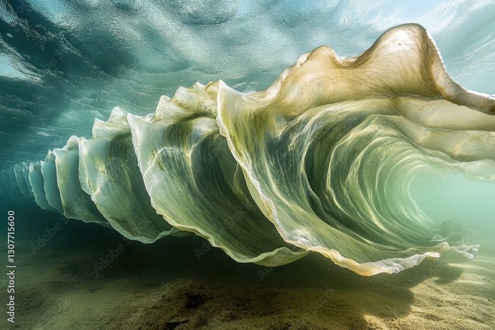 Poster underwater view of a mesmerizing wave, its translucent form revealing swirling textures and colors.