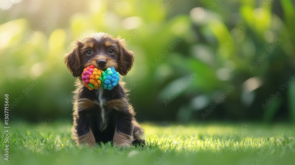 Poster playful puppy enjoys a sunny day in lush grass while holding a colorful chew toy in its mouth genera