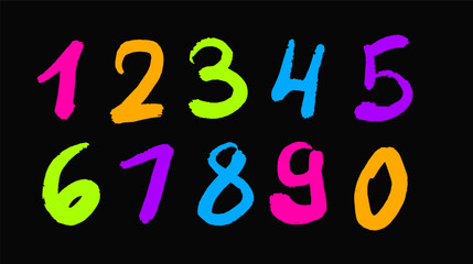 Neon Hand Drawn Numbers on Black Background.