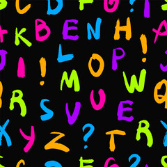 Neon Hand Drawn Alphabet on Black Background