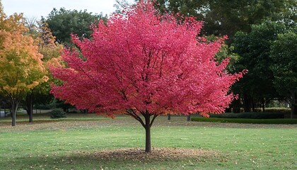 Naklejka premium Red tree stands in Autumn Park on green grass
