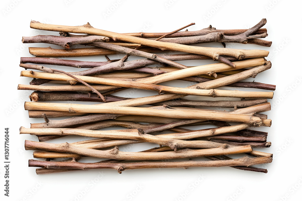 Poster flat lay of twigs on white; rustic texture for craft or design