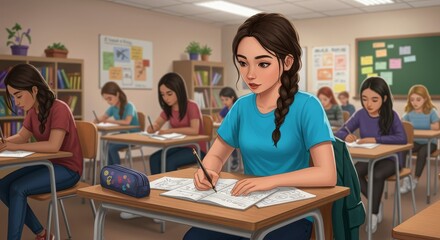 Girl Studying in Classroom Illustration - A young girl diligently works on her notebook in a classroom setting, surrounded by fellow students. The symbolizes education, focus, learning, youth