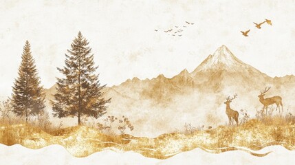 Fototapeta premium Rustic mountain scene with trees, deer, and flying birds in autumn tones