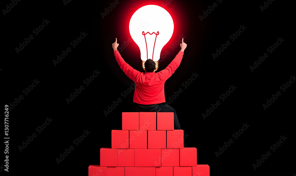 Poster bright idea concept with light bulb and red blocks background
