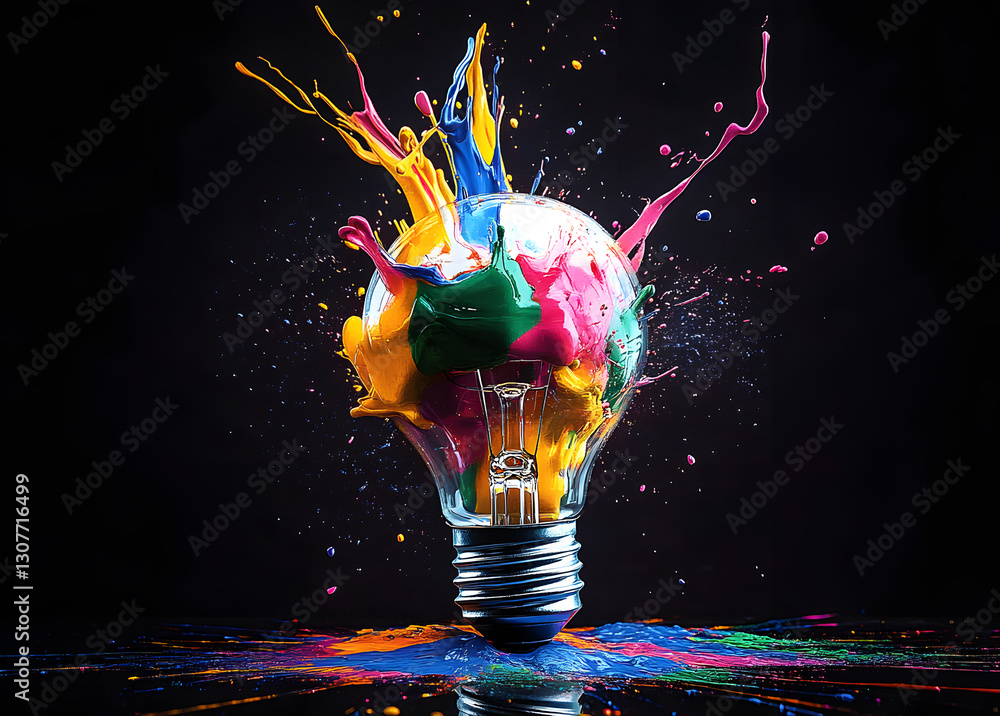 Poster creative light bulb explodes with colorful paint and splashes on a black background. think different