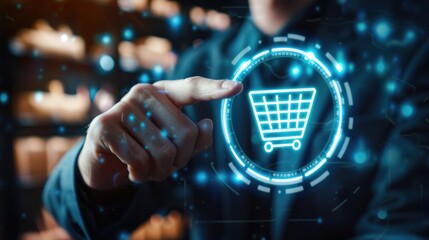 Digital shopping interface with virtual cart icon in holographic display