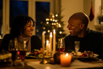 A couple enjoys a romantic holiday dinner by candlelight, smiling and sharing loving glances. The table is decorated festively, with soft candlelight creating a warm and intimate ambiance.


