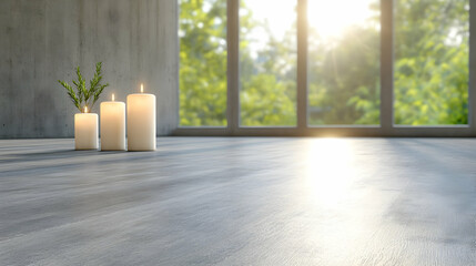 Serene morning sunlight streams through large windows illuminating three candles and greenery on a wooden floor in a minimalist room, ideal for wellness, meditation, or spa imagery