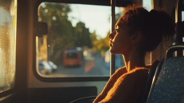 A contemplative woman gazes out from the front seat of a bus at sunset - Powered by Adobe