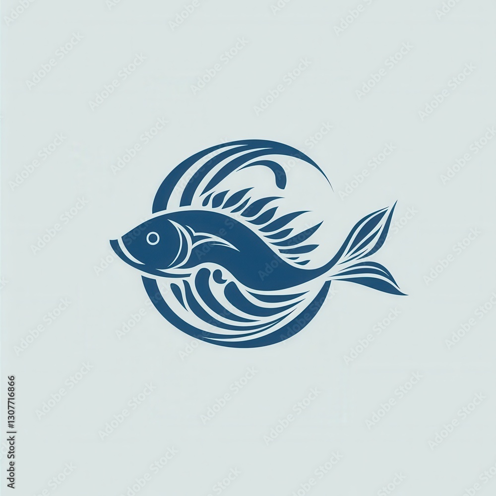 Poster creative abstract fish logo design featuring wave patterns in cool blue tones with a minimalist aqua
