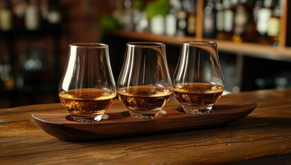 Three whiskey tasting glasses on a wooden tray in a bar.