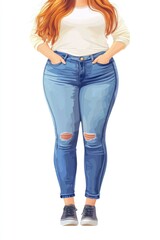 Fashionable young caucasian female in casual white top and ripped jeans