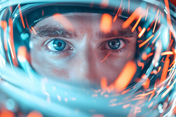 Focused gaze through helmet visor, glowing trails, futuristic backdrop