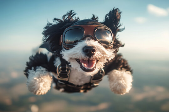 Happy miniature sheepadoodle soaring high in the sky with joy and adventure