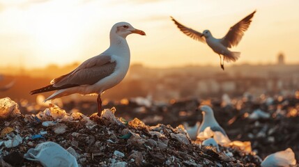 Obraz premium Two seagulls perched on a garbage mound at sunset, highlighting themes of nature, waste, and urban wildlife.