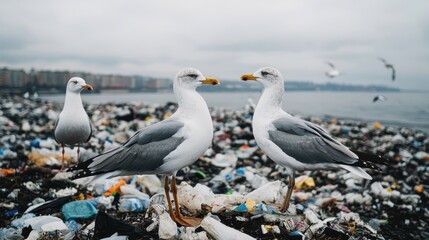 Obraz premium Two seagulls stand on a trash-laden shore, surrounded by litter and debris, highlighting the impact of pollution on marine environments.