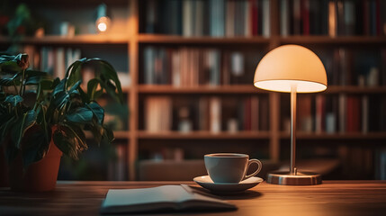 A cozy home office setup with a desk lamp, coffee cup on a modern desk, and a blurred bookshelf in the background. A perfect blend of professionalism and comfort for remote work and Zoom calls.


