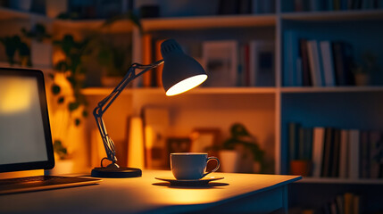 A cozy home office setup with a desk lamp, coffee cup on a modern desk, and a blurred bookshelf in the background. A perfect blend of professionalism and comfort for remote work and Zoom calls.

