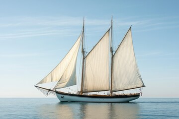 Fototapeta premium A majestic schooner sails gracefully on a calm sea under a clear sky, its white sails full of wind.