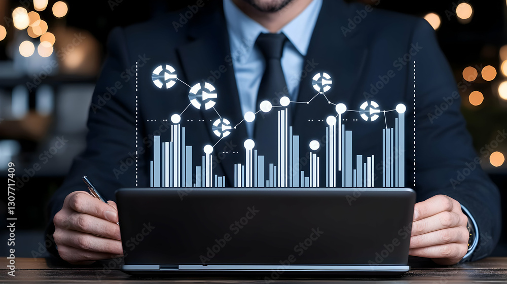 Poster businessman analyzing data on laptop with digital graph overlay