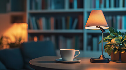 A cozy home office setup with a desk lamp, coffee cup on a modern desk, and a blurred bookshelf in the background. A perfect blend of professionalism and comfort for remote work and Zoom calls.

