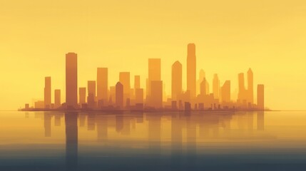 Obraz premium A serene skyline silhouette at sunset, featuring tall buildings reflecting on calm water under a golden sky.